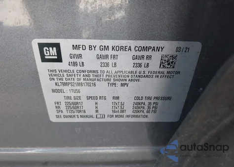 2021 Chevrolet Trailblazer Fwd Lt from USA, damaged, VIN KL79MPS21MB170216